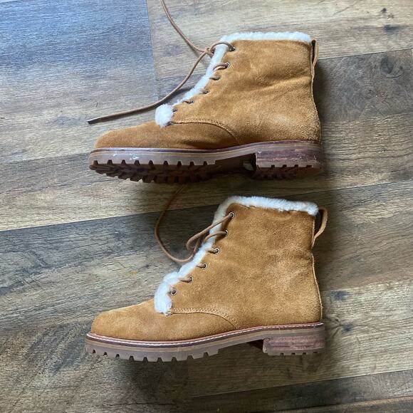 Madewell Boots Lace Up Suede Shearling Winter Combat Chunky Lug Sole Brown Cream - Picture 6 of 11